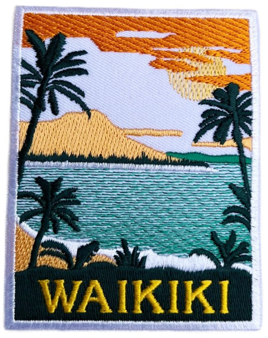 Waikiki Beach Hawaii Patch (3.5 Inch) Iron-on or Sew-on Badge Travel Souvenir Emblem Surf Honolulu Pacific Ocean Surfing Gift Patches